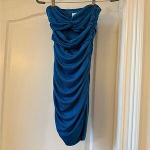 Blue Ruched Mini Strapless Dress